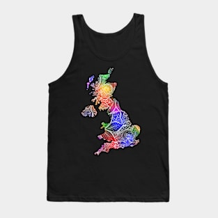 Colorful mandala art map of United Kingdom with text in multicolor pattern Tank Top